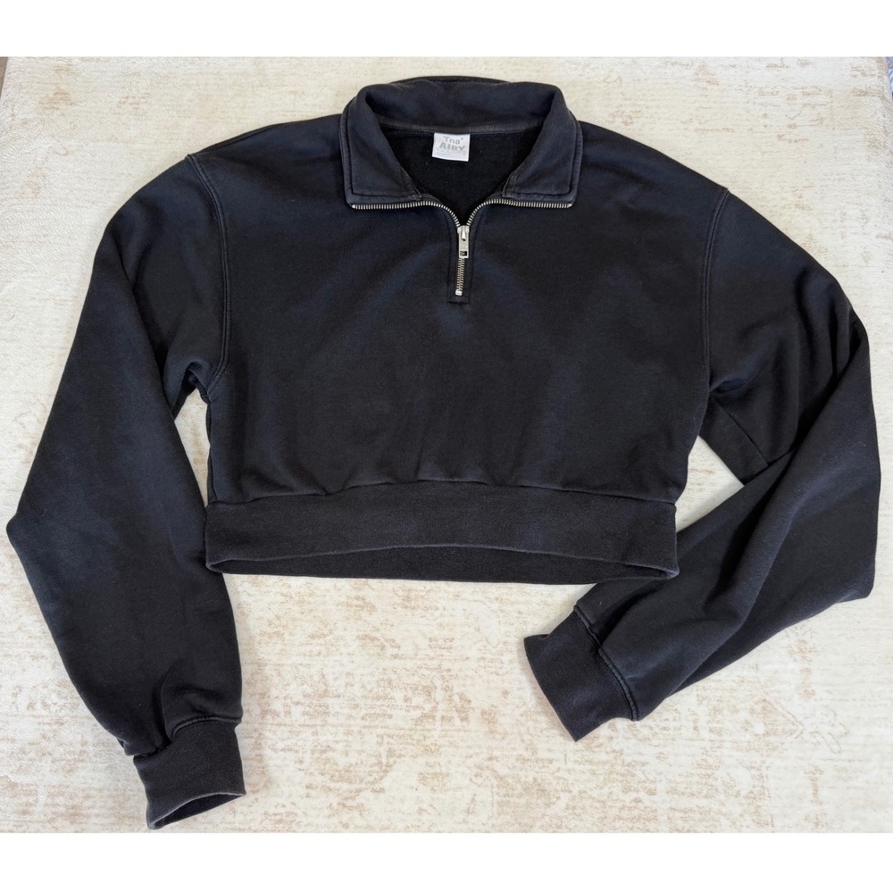 Tna Airy Fleece Quarter Zip Cropped Sweatshirt Black Womens Size M Aritzia